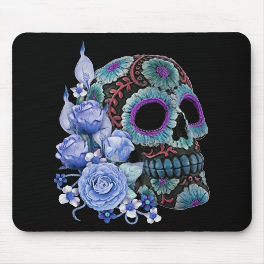 Blauwe Floral Black Sugar Skull Day of the Dead Muismat (Voorkant)