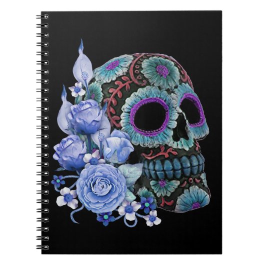 Blauwe Floral Black Sugar Skull Day of the Dead Notitieboek (Voorkant)