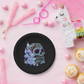 Blauwe Floral Black Sugar Skull Day of the Dead Papieren Bordje (Feest)