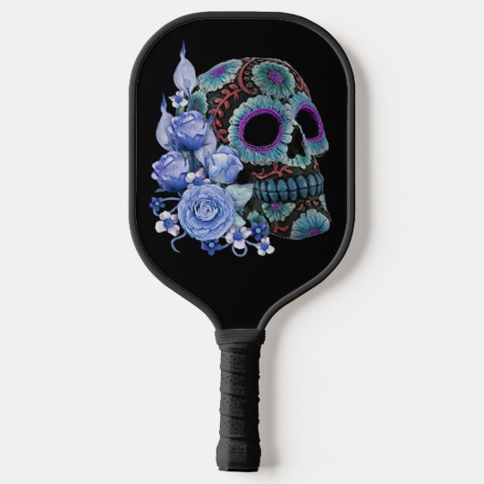 Blauwe Floral Black Sugar Skull Day of the Dead Pickleball Paddle (Achterkant)