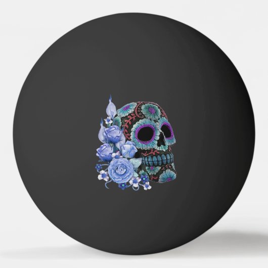 Blauwe Floral Black Sugar Skull Day of the Dead Pingpongbal (Voorkant)