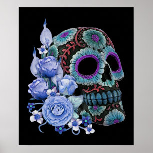 Blauwe Floral Black Sugar Skull Day of the Dead Poster