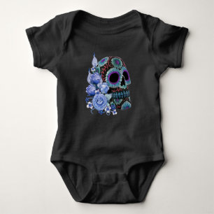 Blauwe Floral Black Sugar Skull Day of the Dead Romper
