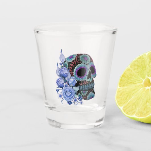 Blauwe Floral Black Sugar Skull Day of the Dead Shot Glas (Voorkant)
