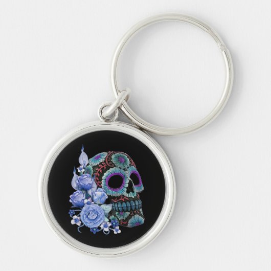 Blauwe Floral Black Sugar Skull Day of the Dead Sleutelhanger (Voorkant)