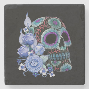 Blauwe Floral Black Sugar Skull Day of the Dead Stenen Onderzetter