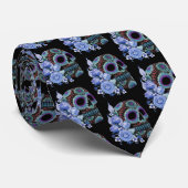 Blauwe Floral Black Sugar Skull Day of the Dead Stropdas (Opgerold)