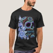 Blauwe Floral Black Sugar Skull Day of the Dead T-shirt (Voorkant)