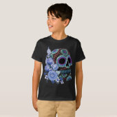 Blauwe Floral Black Sugar Skull Day of the Dead T-shirt (Voorkant volledig)