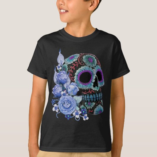 Blauwe Floral Black Sugar Skull Day of the Dead T-shirt (Voorkant)