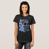 Blauwe Floral Black Sugar Skull Day of the Dead T-shirt (Voorkant volledig)