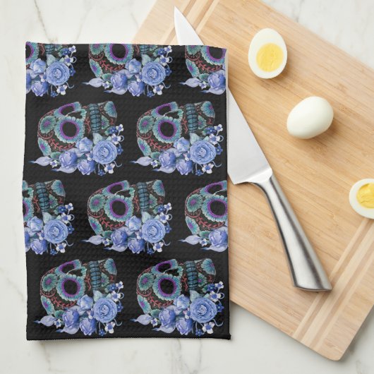 Blauwe Floral Black Sugar Skull Day of the Dead Theedoek (Quarter Fold)