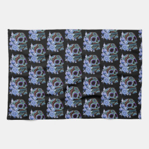 Blauwe Floral Black Sugar Skull Day of the Dead Theedoek