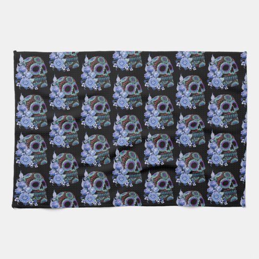 Blauwe Floral Black Sugar Skull Day of the Dead Theedoek (Horizontaal)
