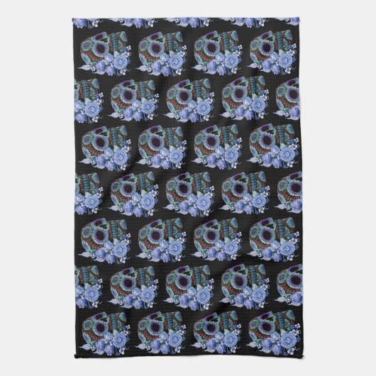 Blauwe Floral Black Sugar Skull Day of the Dead Theedoek (Verticaal)