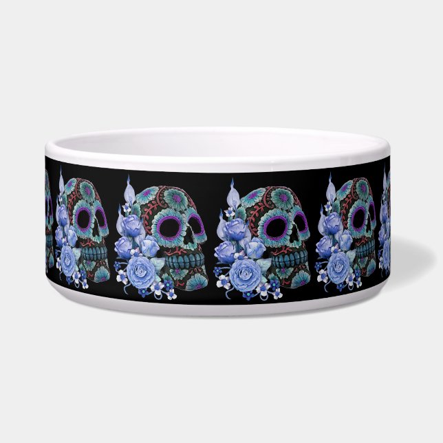 Blauwe Floral Black Sugar Skull Day of the Dead Voerbakje (Voorkant)