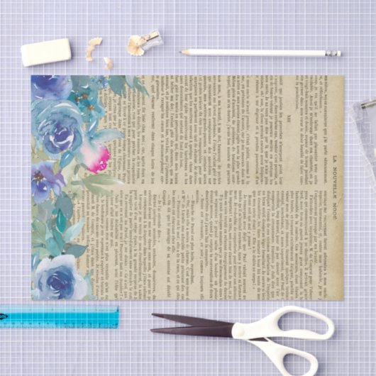 Blauwe Floral Book Page Ontkoppeling Tissuepapier (Craft)