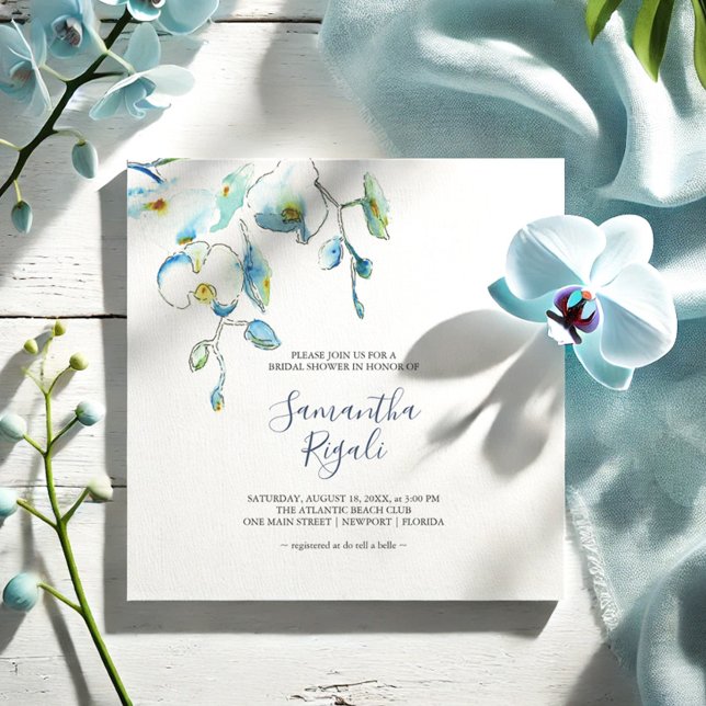 Blauwe Floral Bridal Shower-uitnodigingen (Simple floral bridal shower invitations feature water blue orchid flowers by Victoria Grigaliunas)