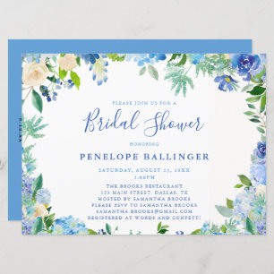 Blauwe Floral Bridal Shower-uitnodigingen Kaart