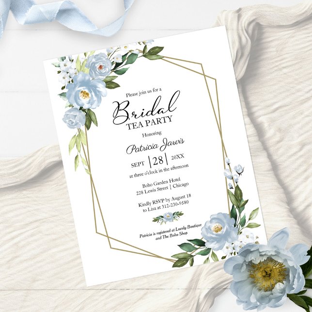 Blauwe Floral Bridal Tea Party Budget Uitnodiging (Creator heeft geüpload)