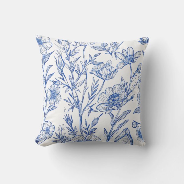 Blauwe Floral Buitenkussen (Voorkant)