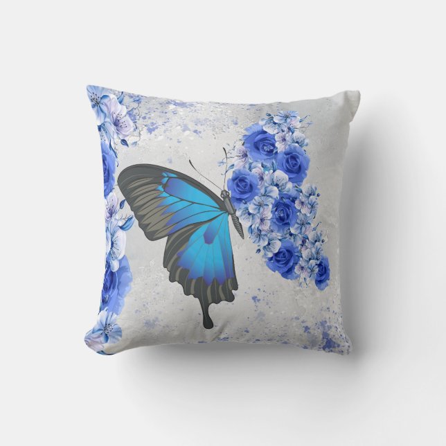 Blauwe Floral Butterfly Square Pillow Kussen (Voorkant)