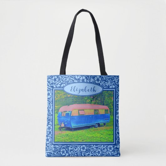 Blauwe Floral  Camper Travel Trailer Tote Bag (Voorkant)