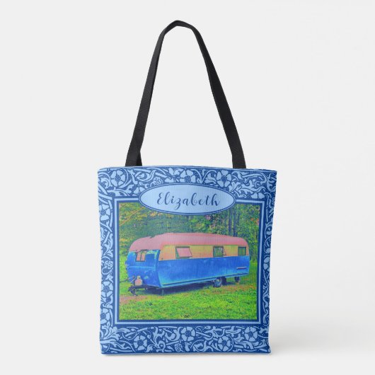 Blauwe Floral  Camper Travel Trailer Tote Bag (Achterkant)