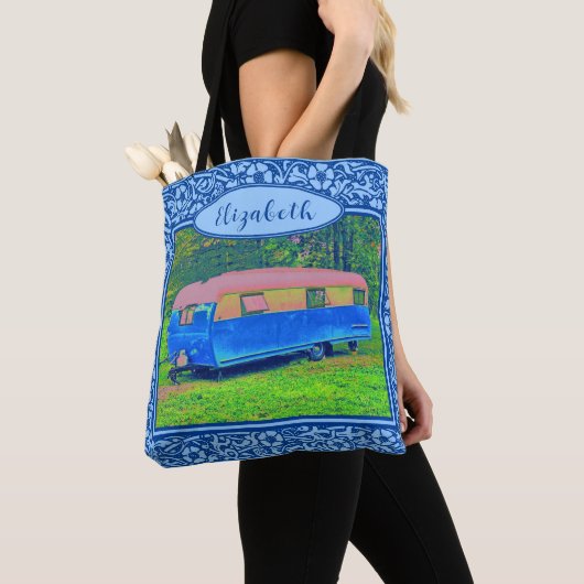 Blauwe Floral  Camper Travel Trailer Tote Bag (Dichtbij)