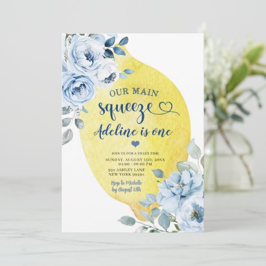 Blauwe Floral Citroen Eerste Verjaardag Uitnodigin Kaart (Staand voorkant)