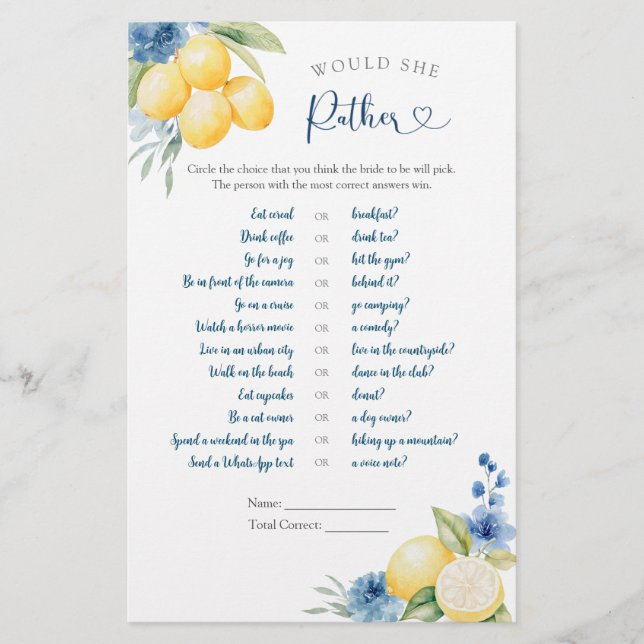 Blauwe Floral Citroen Main Squeeze zou ze liever (Voorkant)