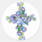 Blauwe Floral Cross Classic Round Sticker (Voorkant)