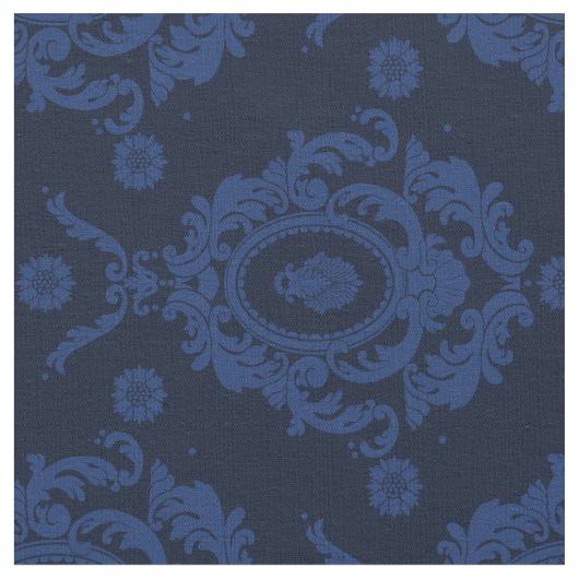 Blauwe  Floral Damask Pattern Fabric Stof (Close Up)