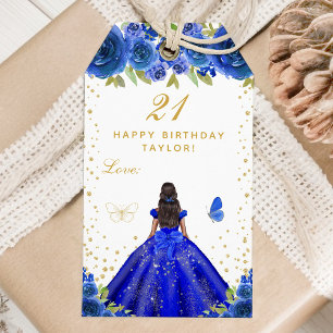 Blauwe Floral Dark Skin Girl Happy Birthday Cadeaulabel