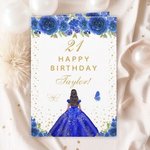 Blauwe Floral Dark Skin Girl Happy Birthday Kaart