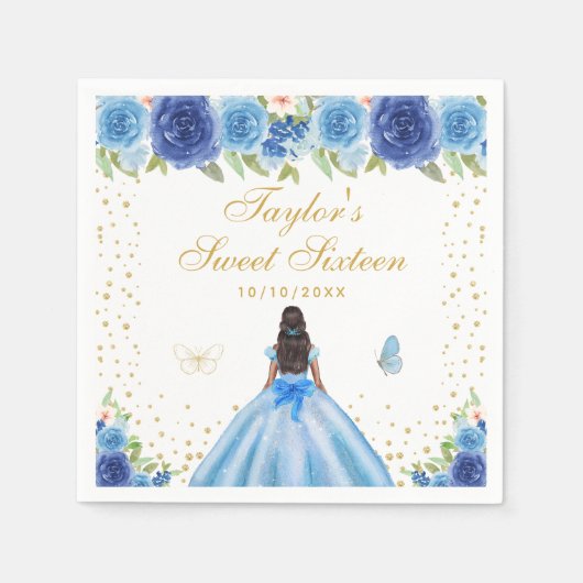 Blauwe Floral Dark Skin Princess Sweet Sixteen Servet (Voorkant)