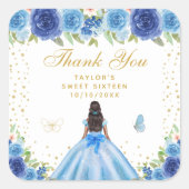 Blauwe Floral Dark Skin Princess Sweet Sixteen Vierkante Sticker (Voorkant)