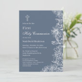 Blauwe Floral Eerste Heilige Communie Kaart (Staand voorkant)