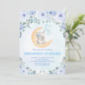 Blauwe Floral Elephant 1e verjaardag Kaart (Staand voorkant)