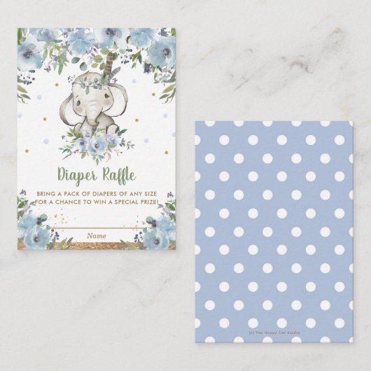 Blauwe Floral Elephant Baby shower Diaper Raffle Informatiekaartje (Voorkant / Achterkant)