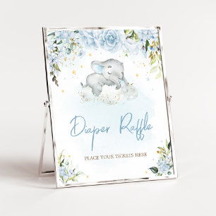 Blauwe Floral Elephant Baby shower Diaper Raffle Poster