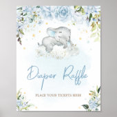 Blauwe Floral Elephant Baby shower Diaper Raffle Poster (Voorkant)