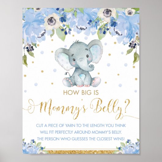 Blauwe Floral Elephant Hoe groot is mama's Belly G Poster (Voorkant)