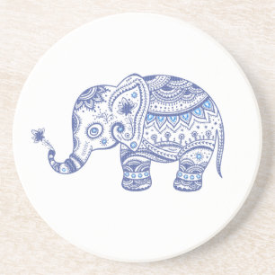Blauwe Floral Elephant Illustratie Zandsteen Onderzetter