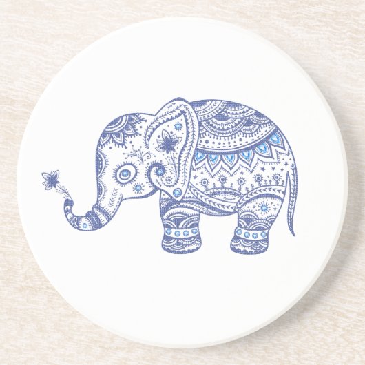 Blauwe Floral Elephant Illustratie Zandsteen Onderzetter (Voorkant)