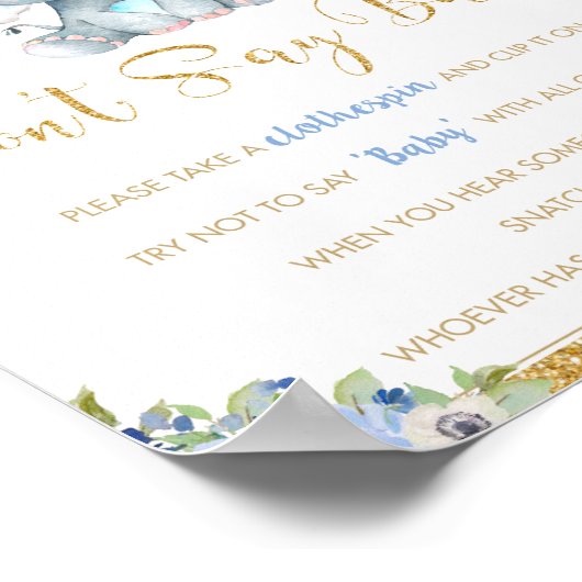 Blauwe Floral Elephant Zeg geen Baby shower Game Poster (Hoek)