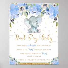 Blauwe Floral Elephant Zeg geen Baby shower Game Poster