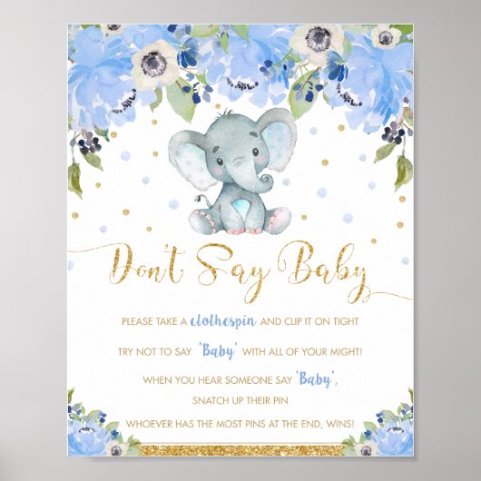 Blauwe Floral Elephant Zeg geen Baby shower Game Poster (Voorkant)