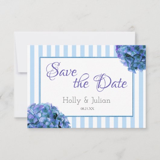 Blauwe Floral en Stripe sparen de DatumKaart Save The Date (Voorkant)