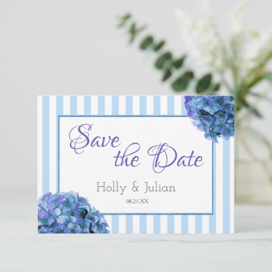 Blauwe Floral en Stripe sparen de DatumKaart Save The Date (Staand voorkant)